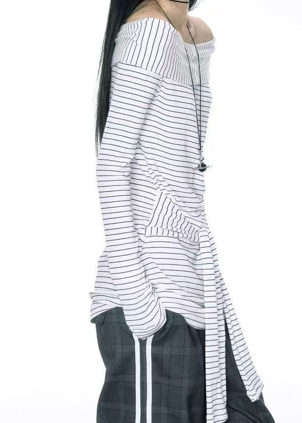 Art Slash Neck Striped Tie Waist Cotton T Shirts Summer