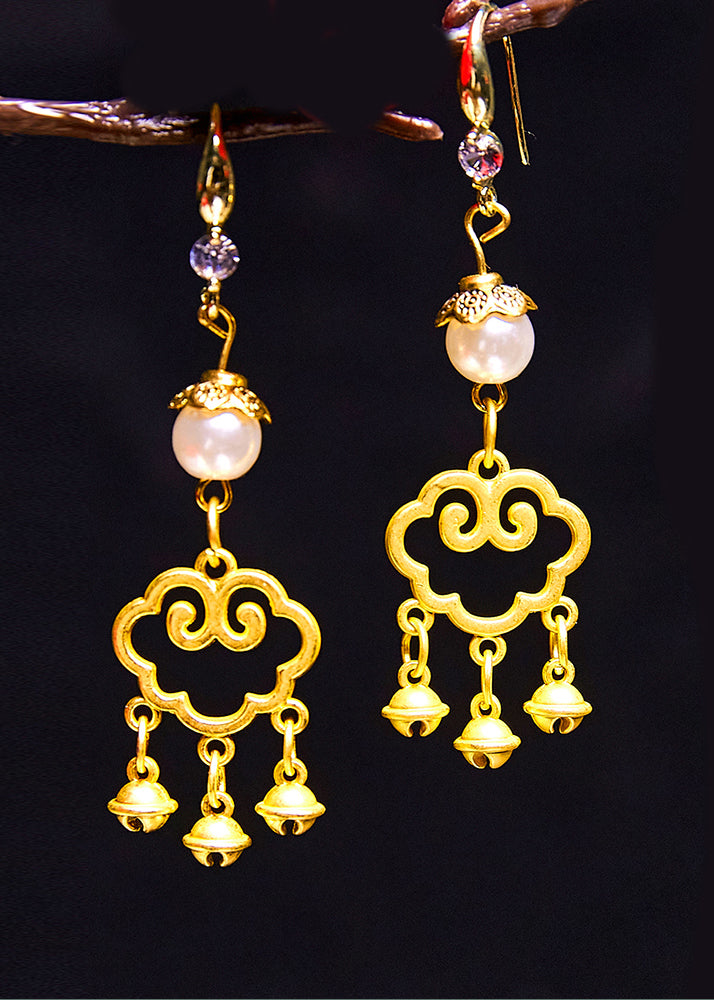 Art Small Bell Auspicious Clouds 14K Gold Pearl Drop Earrings - Omychic