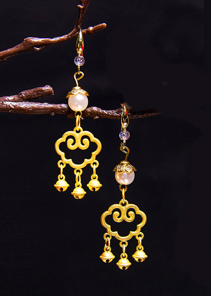 Art Small Bell Auspicious Clouds 14K Gold Pearl Drop Earrings - Omychic
