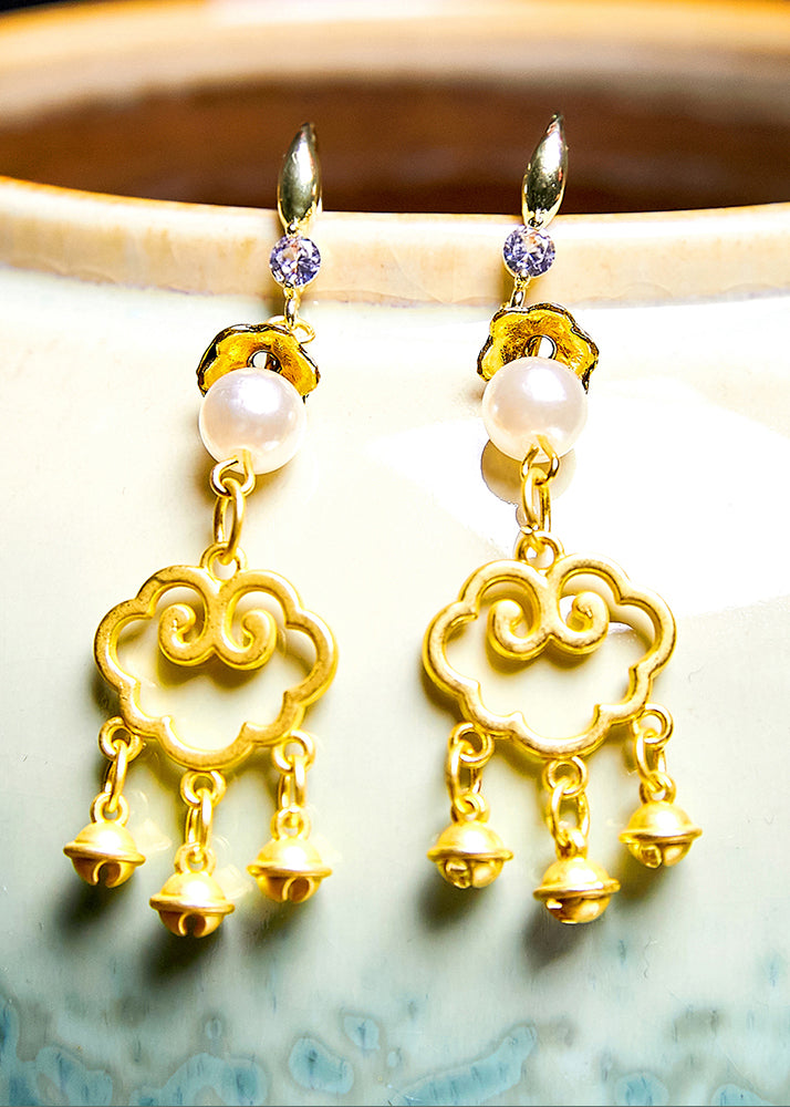 Art Small Bell Auspicious Clouds 14K Gold Pearl Drop Earrings - Omychic