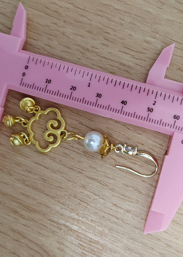 Art Small Bell Auspicious Clouds 14K Gold Pearl Drop Earrings - Omychic