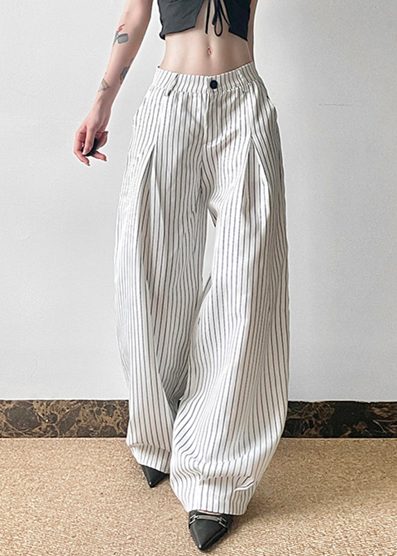 Art Striped Button High Waist Cotton Pants Summer