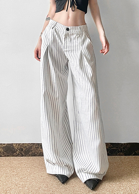 Art Striped Button High Waist Cotton Pants Summer