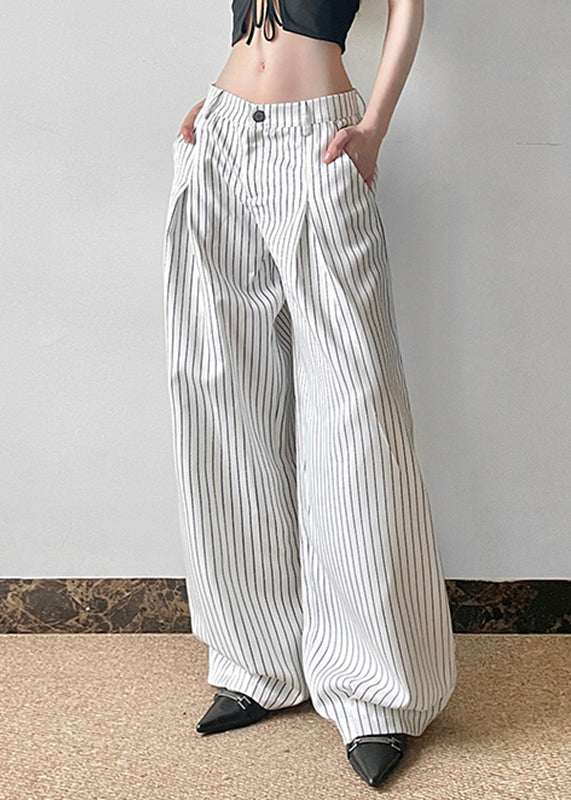 Art Striped Button High Waist Cotton Pants Summer