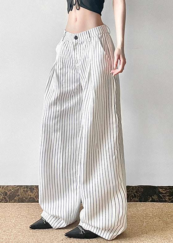 Art Striped Button High Waist Cotton Pants Summer