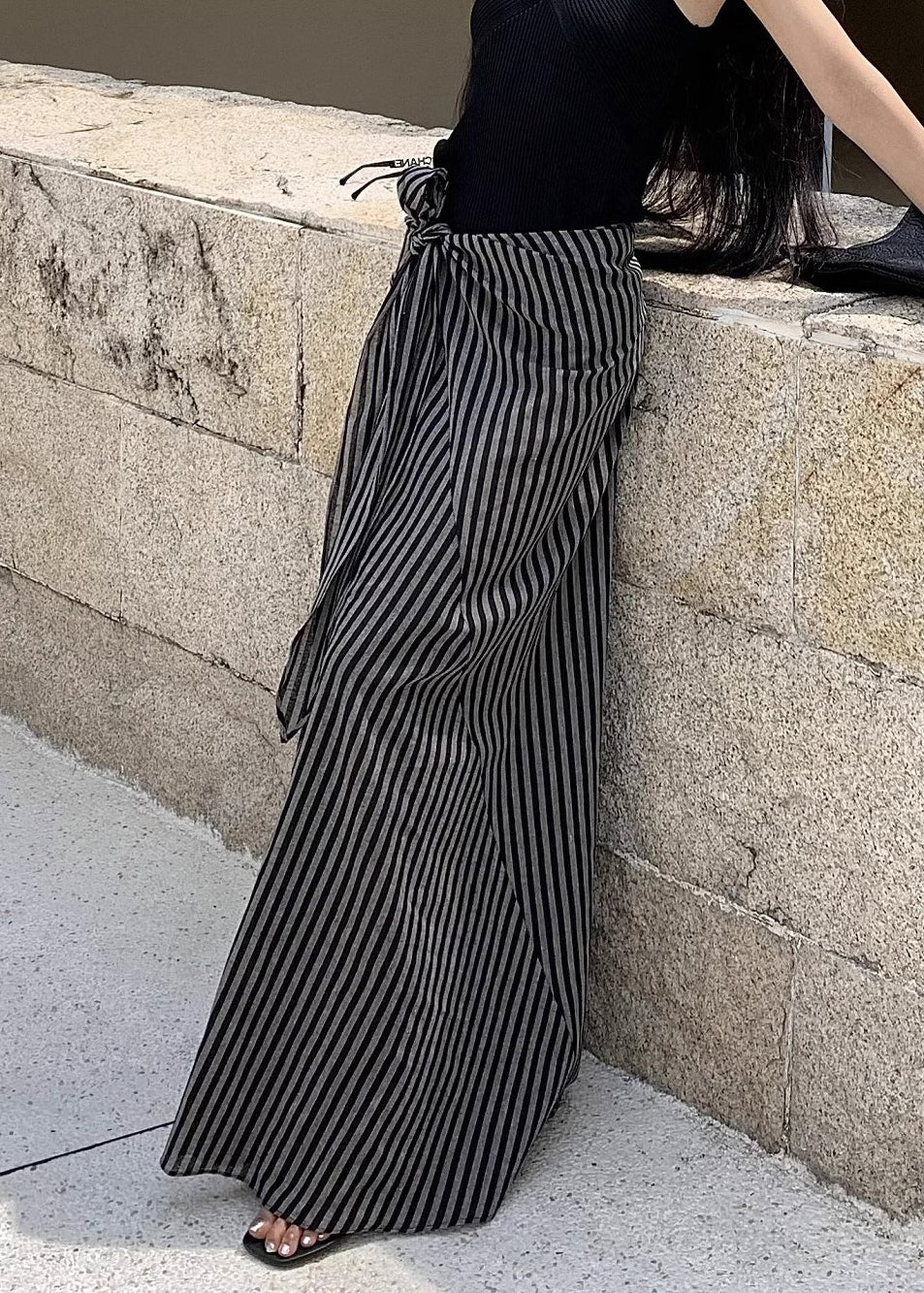 Art Striped Lace Up High Waist Cotton Skirt Summer