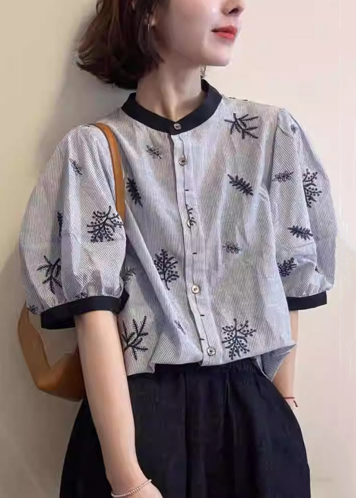 Art Striped O Neck Embroidered Patchwork Cotton Blouses Summer