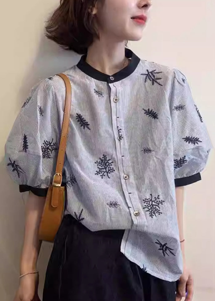 Art Striped O Neck Embroidered Patchwork Cotton Blouses Summer
