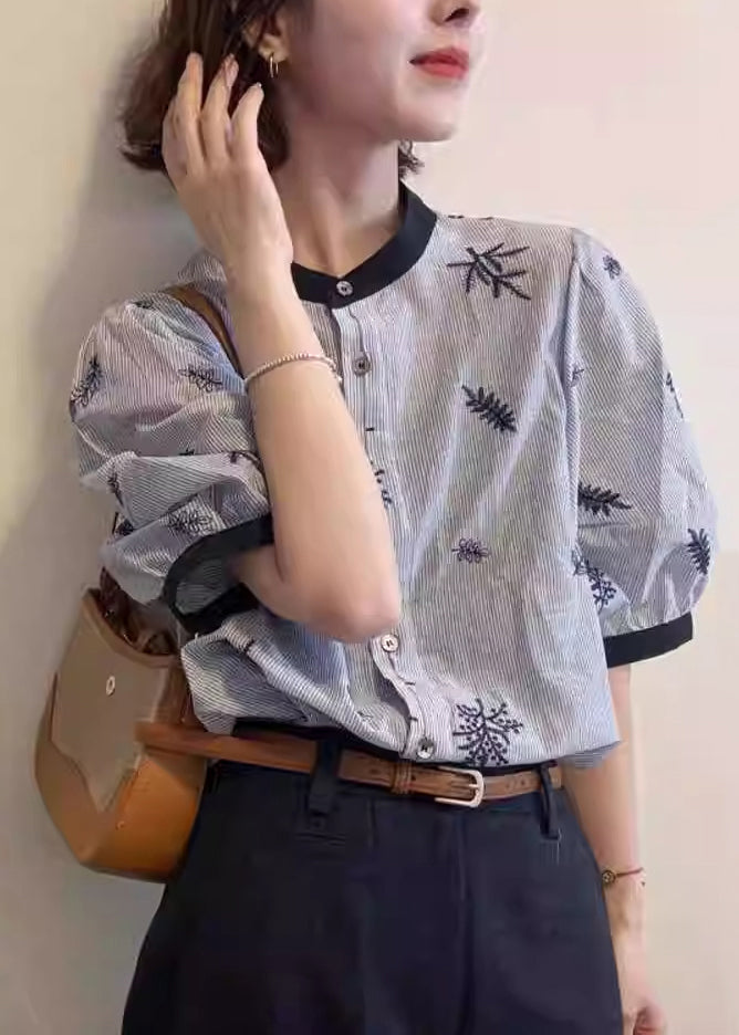 Art Striped O Neck Embroidered Patchwork Cotton Blouses Summer