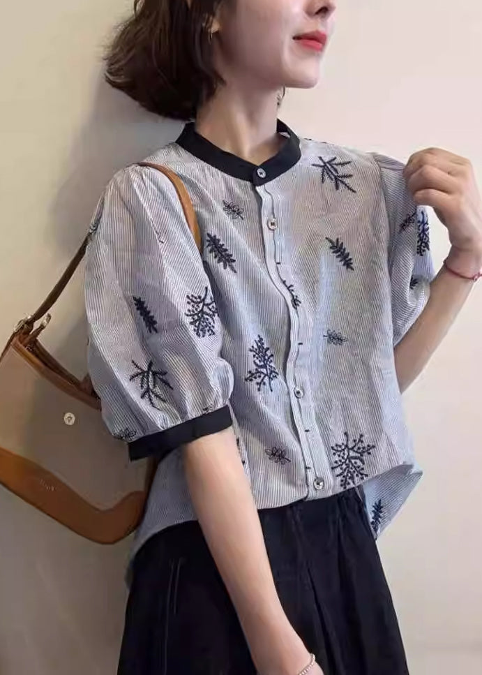 Art Striped O Neck Embroidered Patchwork Cotton Blouses Summer