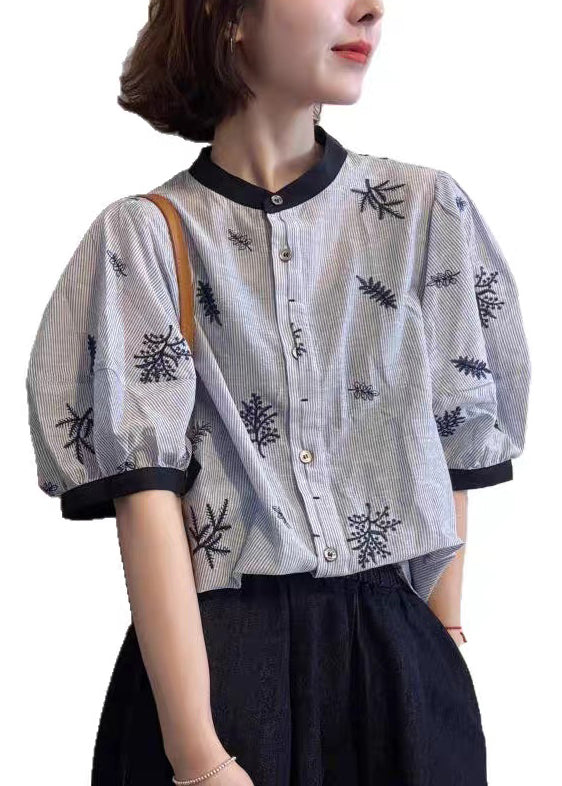 Art Striped O Neck Embroidered Patchwork Cotton Blouses Summer