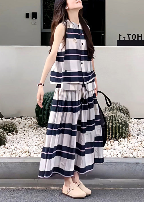 Art Striped O Neck Tops And Skirts Cotton Two Pieces Set Sleeveless