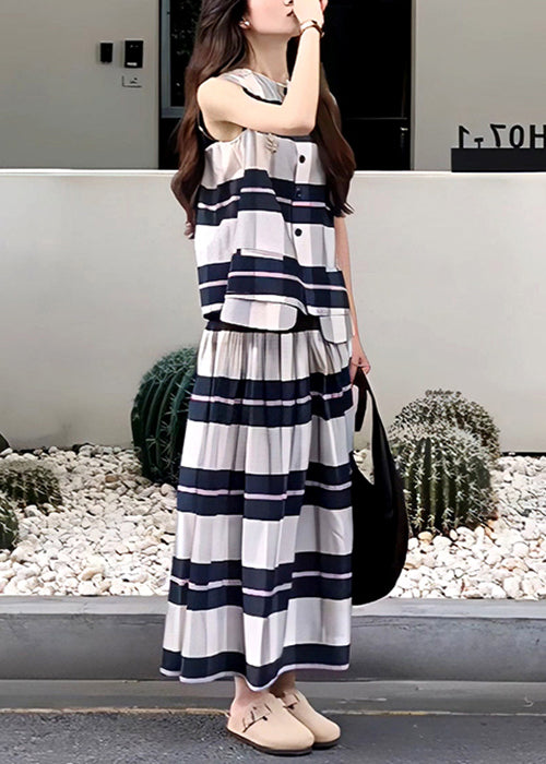 Art Striped O Neck Tops And Skirts Cotton Two Pieces Set Sleeveless