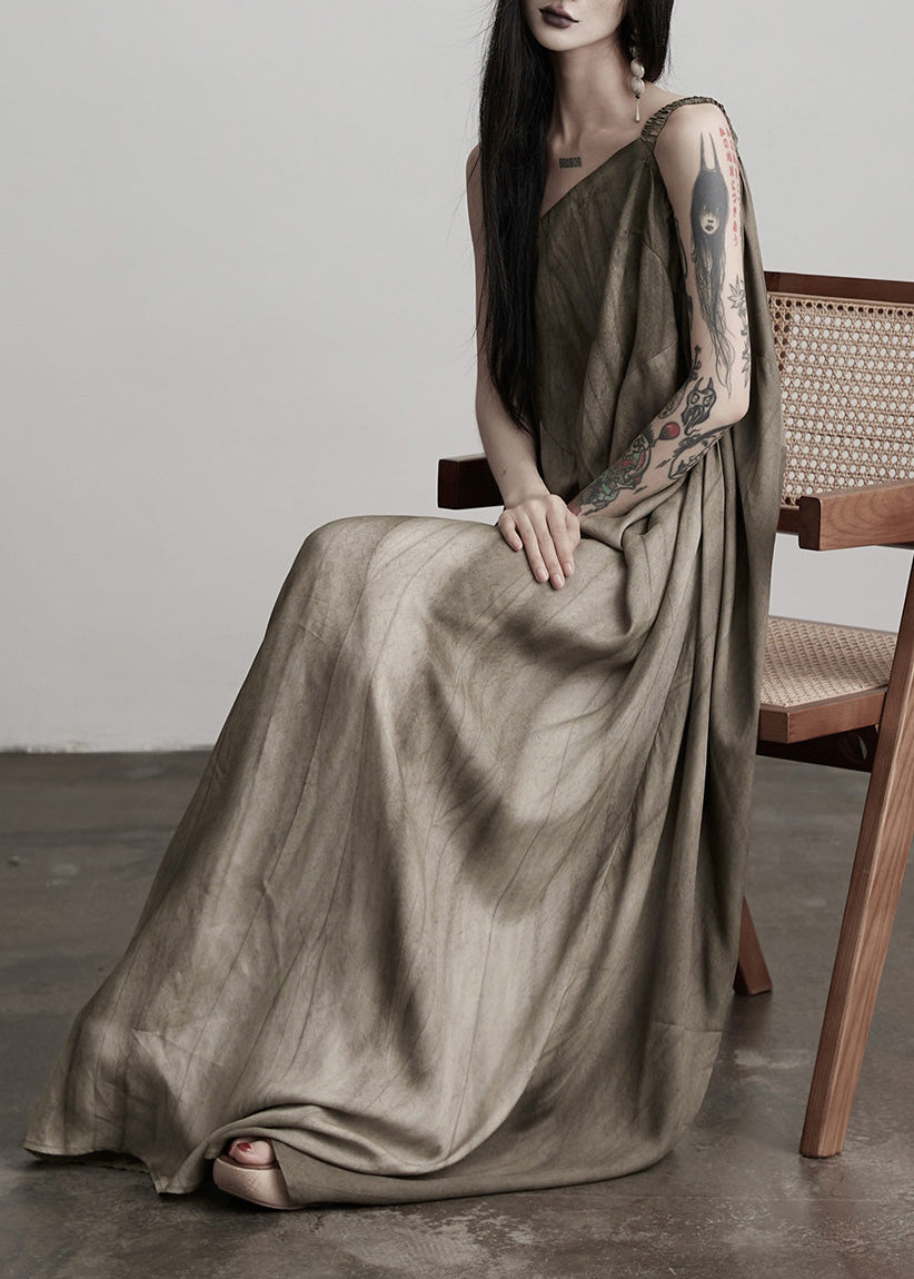 Art Tea Brown Cold Shoulder Wrinkled Patchwork Silk Dresses Summer