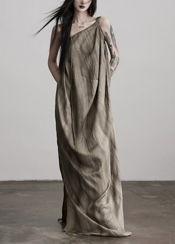 Art Tea Brown Cold Shoulder Wrinkled Patchwork Silk Dresses Summer