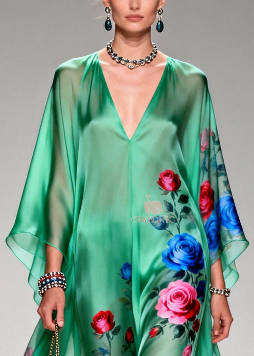 Art Tea Green Oversized Floral Print Chiffon Long Dresses Summer - Omychic