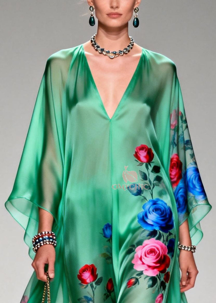 Art Tea Green Oversized Floral Print Chiffon Long Dresses Summer - Omychic