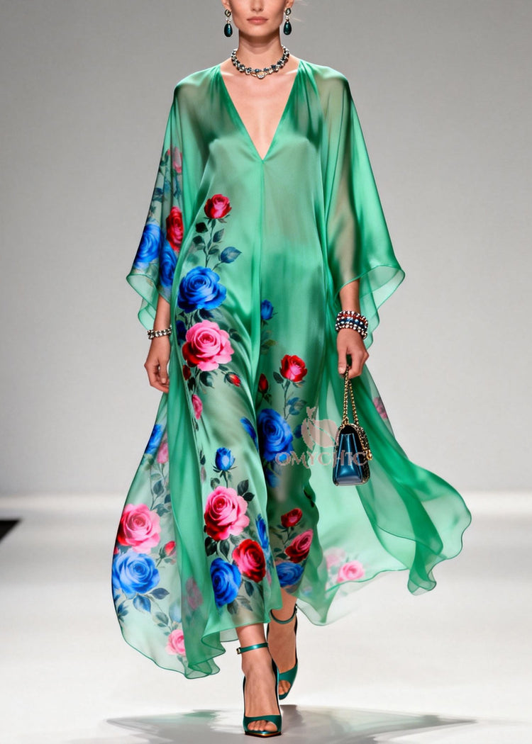 Art Tea Green Oversized Floral Print Chiffon Long Dresses Summer - Omychic