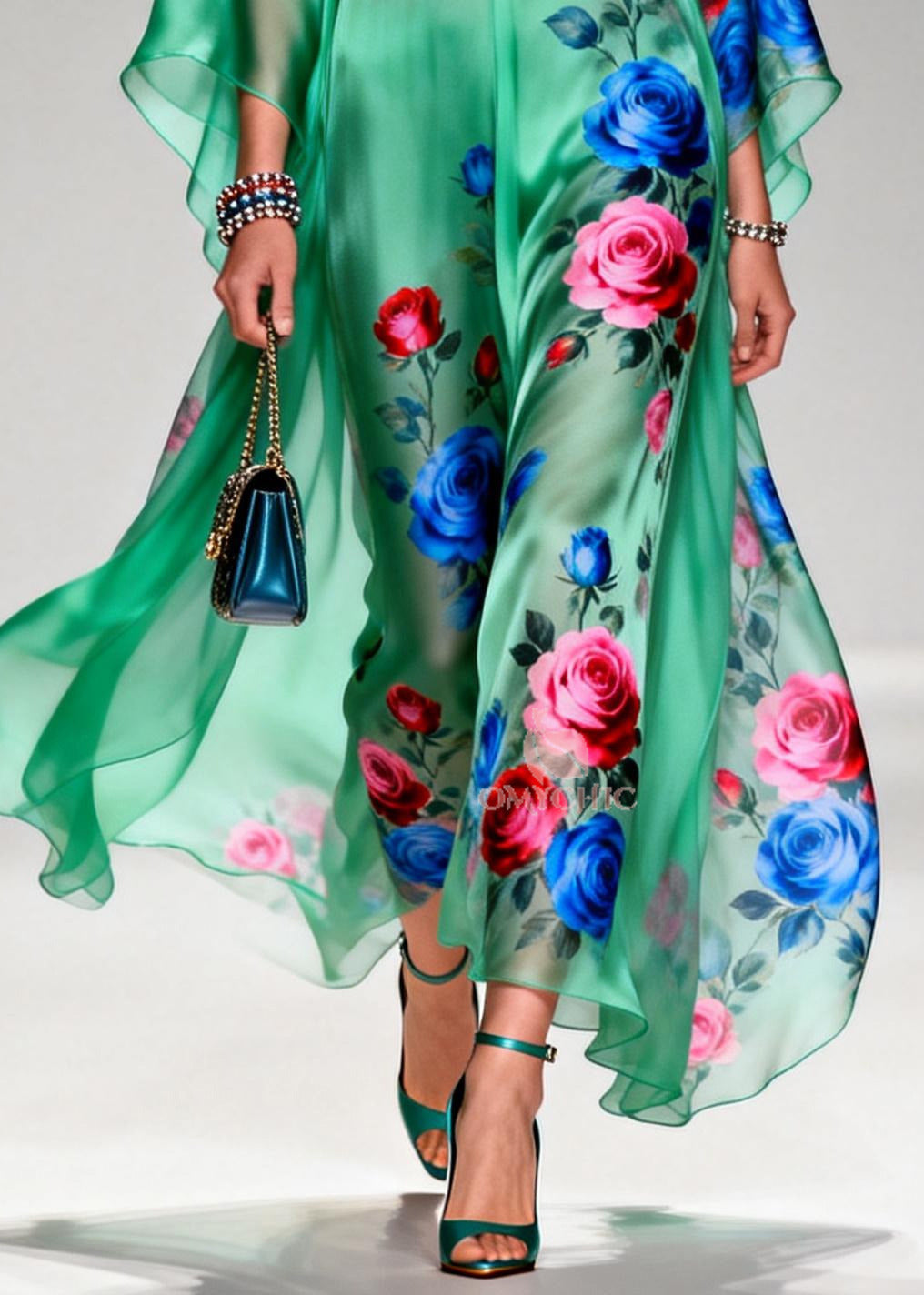 Art Tea Green Oversized Floral Print Chiffon Long Dresses Summer - Omychic