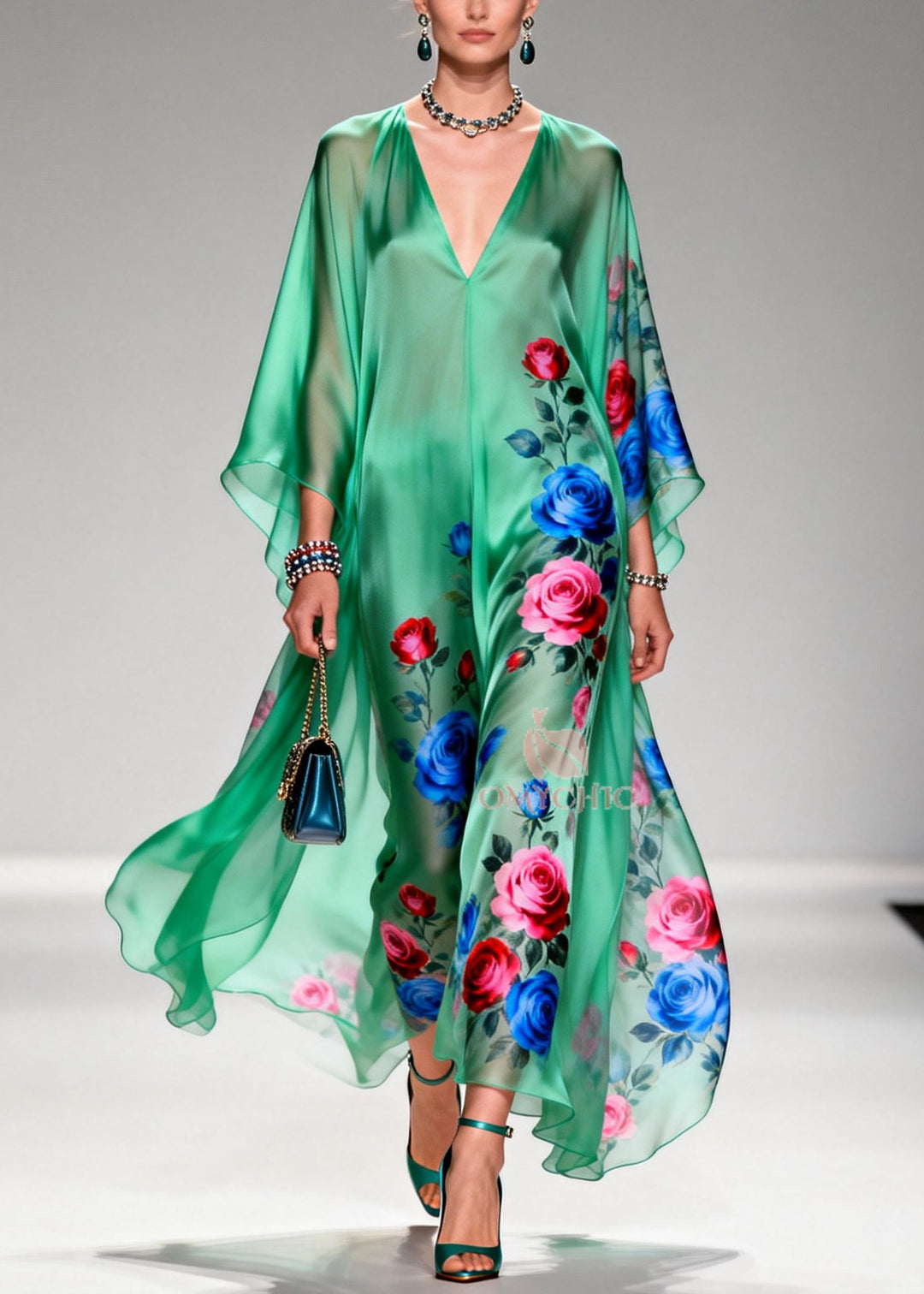 Art Tea Green Oversized Floral Print Chiffon Long Dresses Summer - Omychic