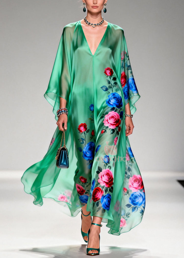Art Tea Green Oversized Floral Print Chiffon Long Dresses Summer - Omychic