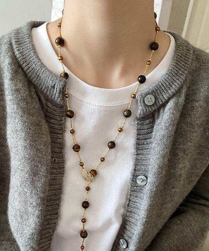 Art Tiger's Eye Stone Leaf Zircon Copper Long Necklace