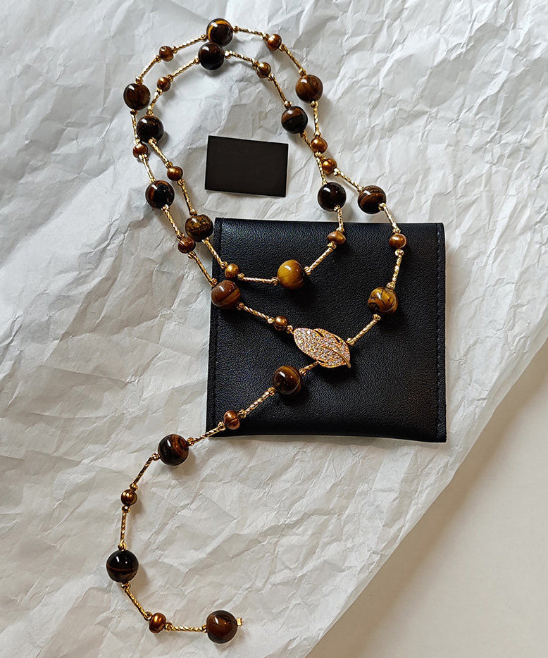 Art Tiger's Eye Stone Leaf Zircon Copper Long Necklace