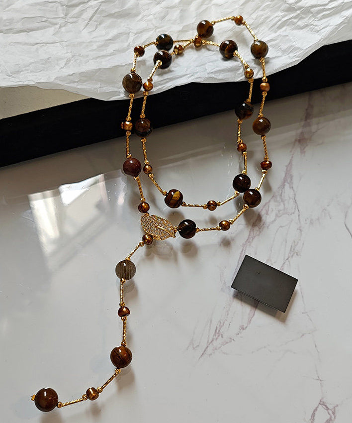 Art Tiger's Eye Stone Leaf Zircon Copper Long Necklace