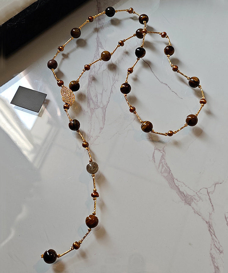 Art Tiger's Eye Stone Leaf Zircon Copper Long Necklace