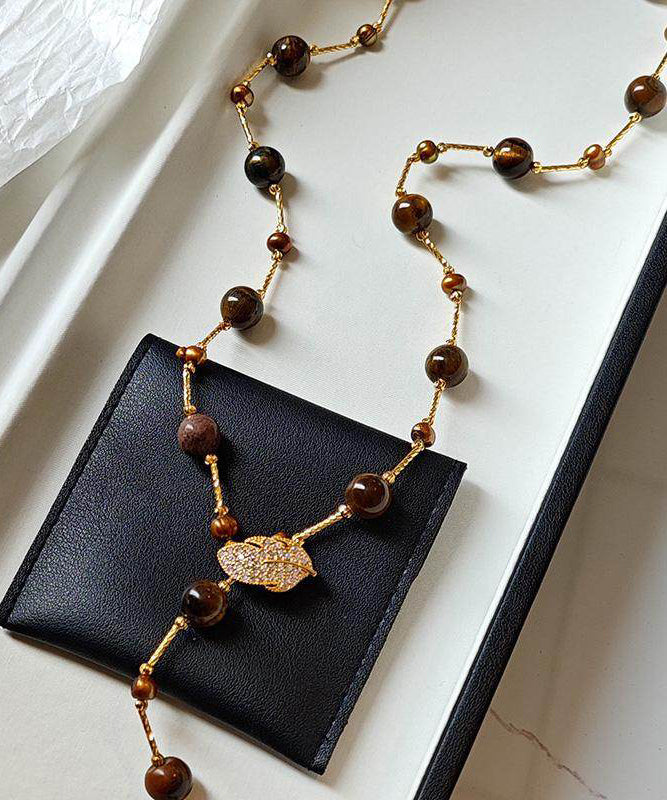 Art Tiger's Eye Stone Leaf Zircon Copper Long Necklace