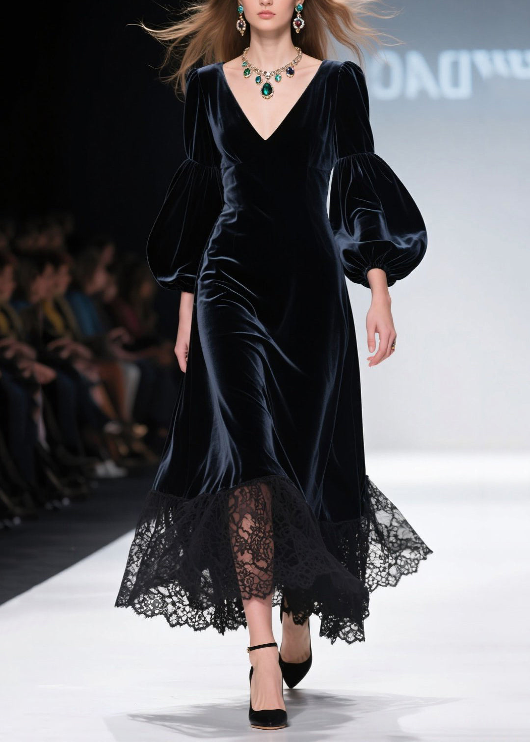 Art V Neck Lace Patchwork Velvet Maxi Dresses Lantern Sleeve