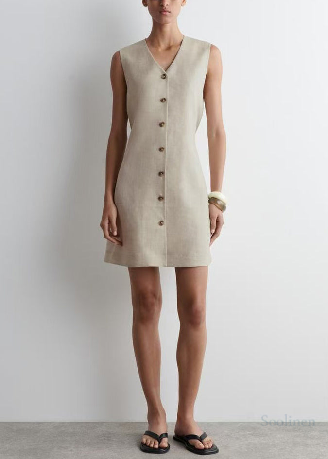 Art V Neck Linen A Line Tea Dress Sleeveless