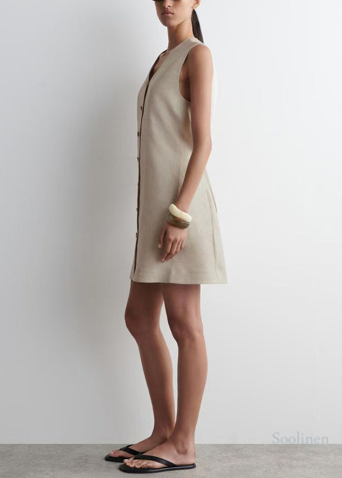 Art V Neck Linen A Line Tea Dress Sleeveless