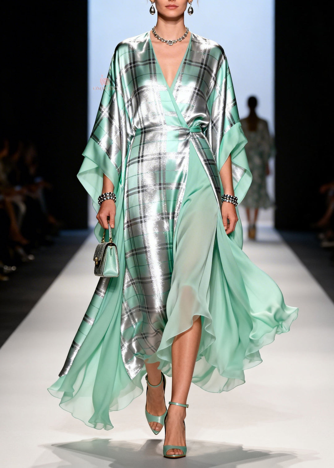 Art V Neck Plaid Print Patchwork Chiffon Dress Summer