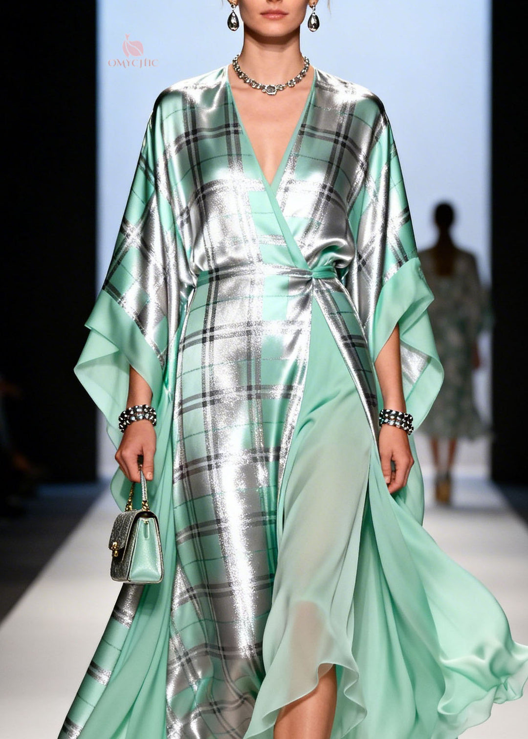 Art V Neck Plaid Print Patchwork Chiffon Dress Summer