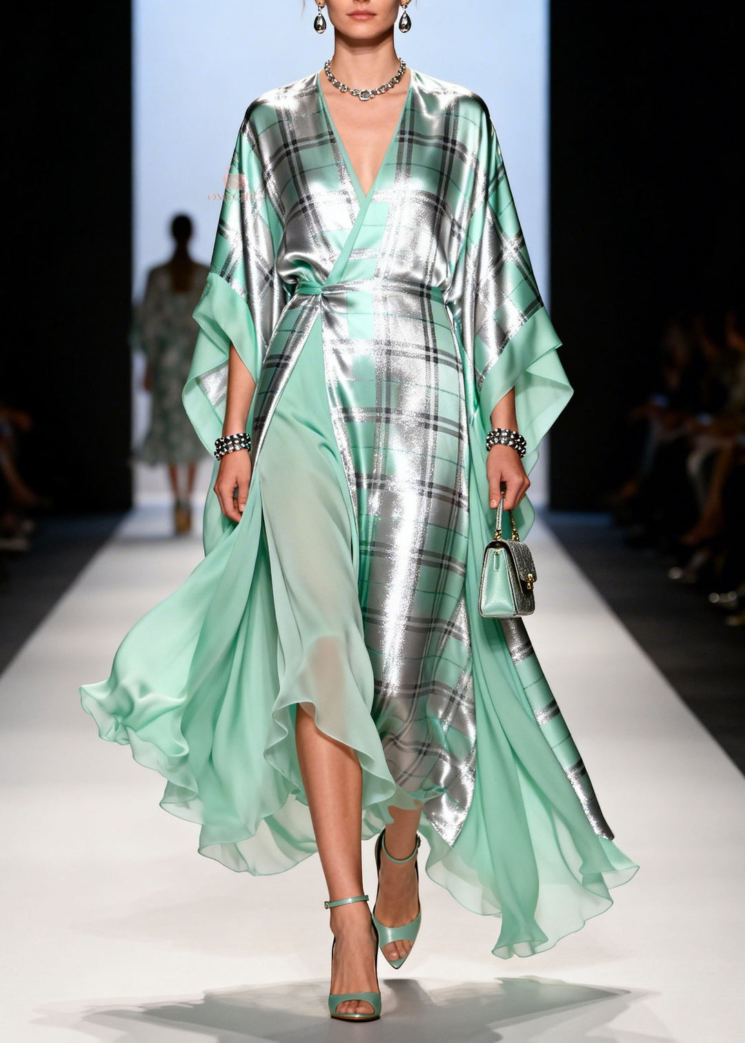 Art V Neck Plaid Print Patchwork Chiffon Dress Summer