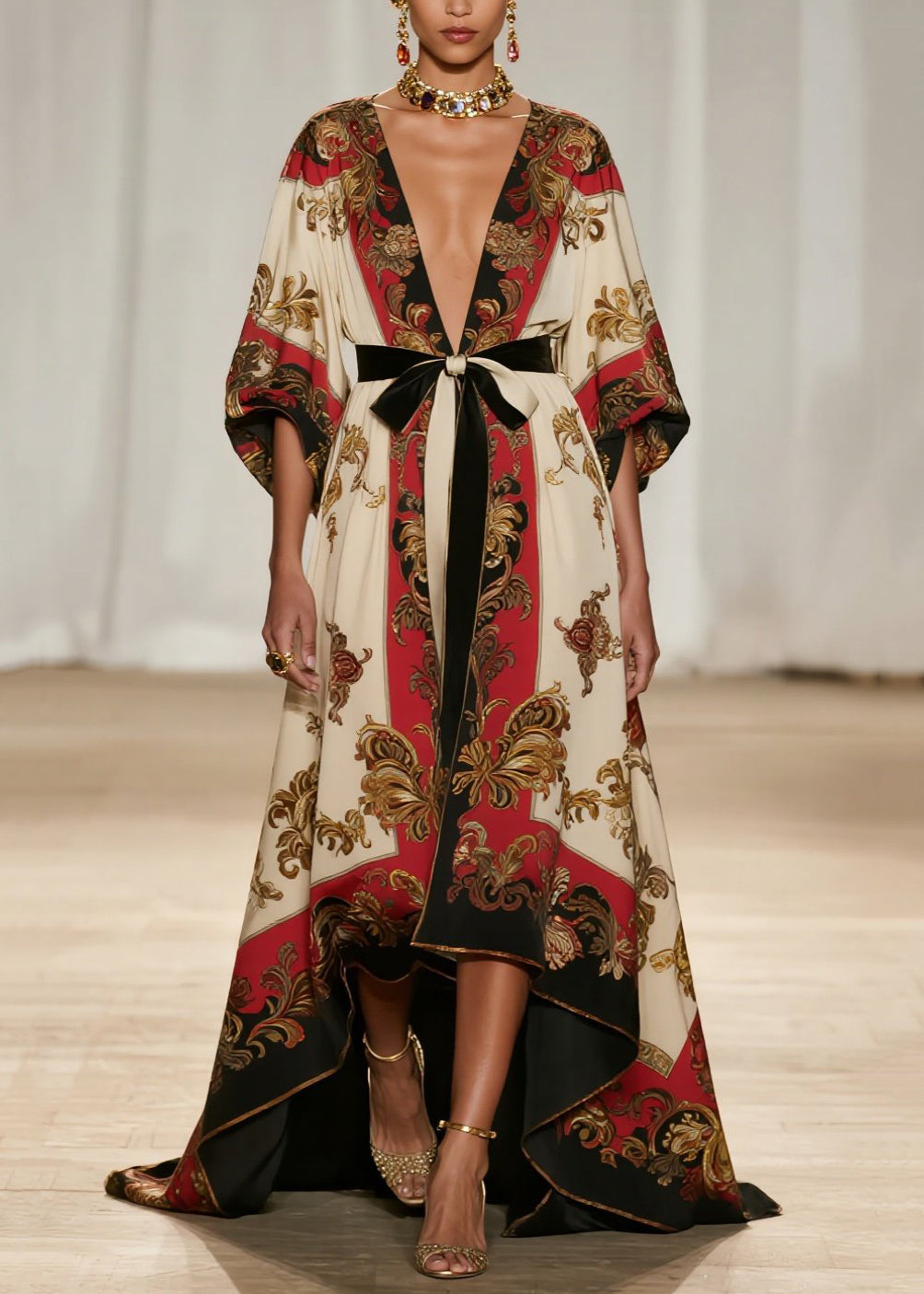 Art V Neck Print Low High Design Cotton Ankle Dress Fall