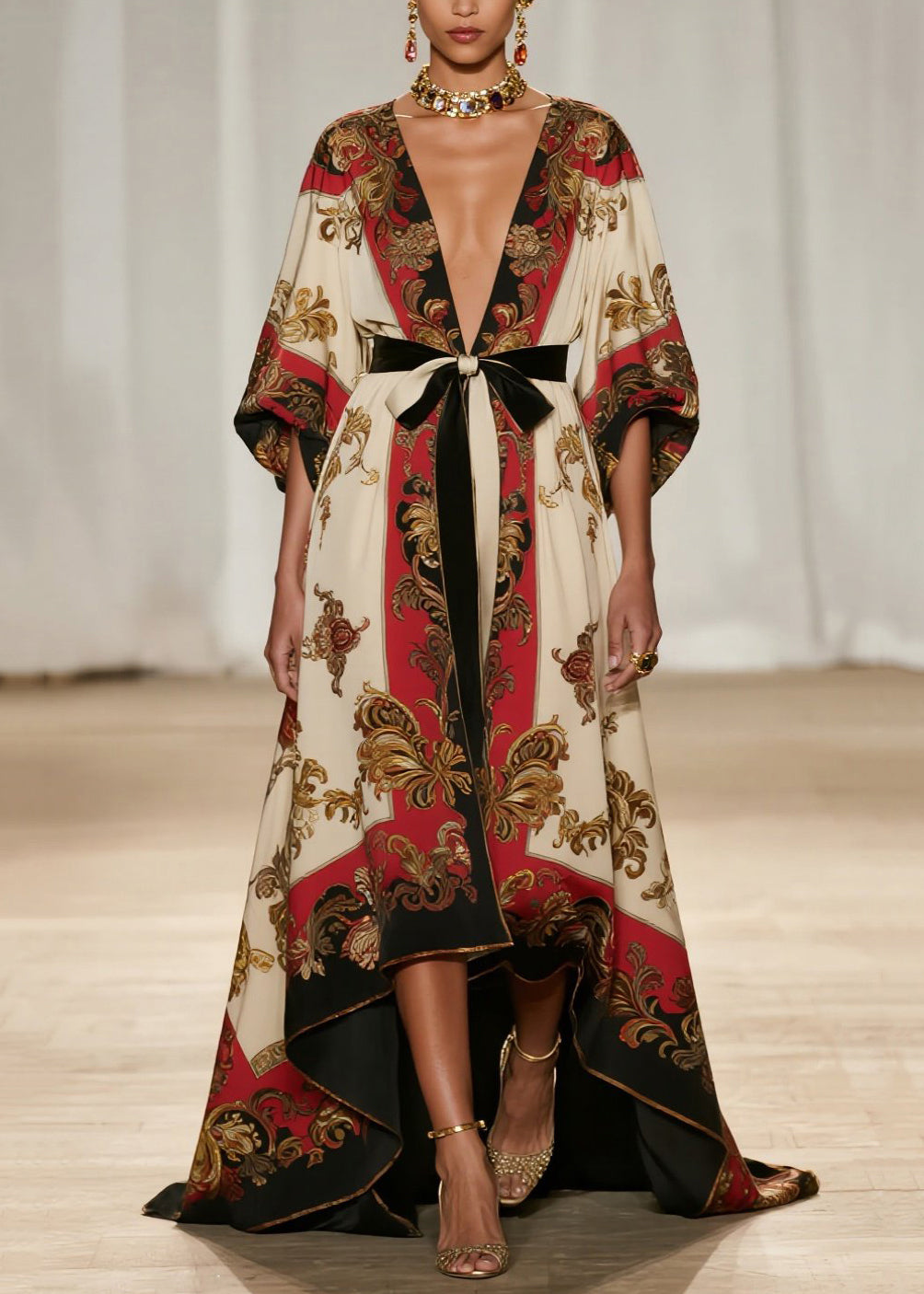 Art V Neck Print Low High Design Cotton Ankle Dress Fall