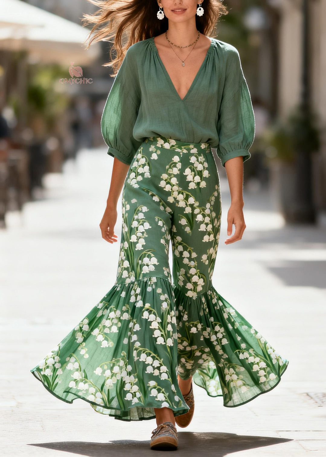 Art V Neck Print Tops And Pants Cotton Two Piece Set Women Clothing Summer