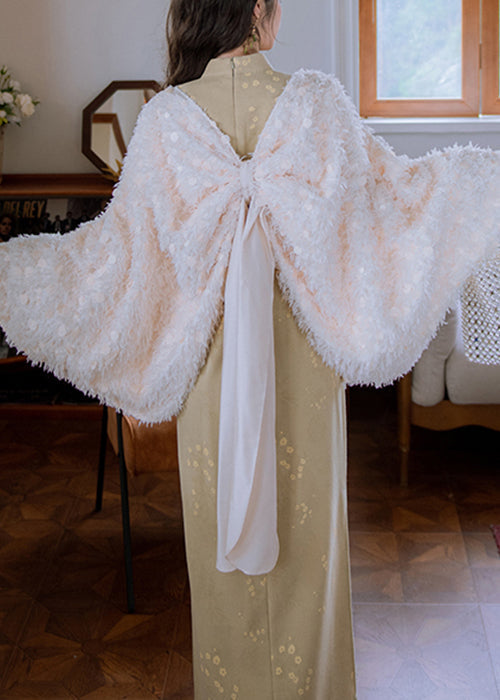 Art White Bow Sequins Teddy Faux Fur Cape Coats Batwing Sleeve