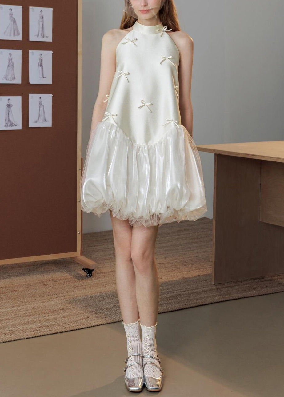 Art White Bow Tulle Patchwork Silk Party Dress Sleeveless