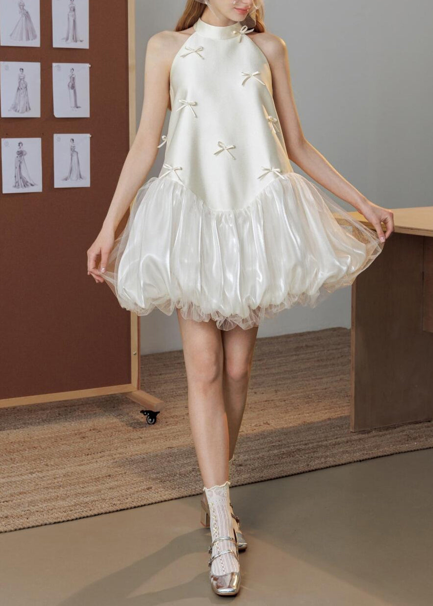 Art White Bow Tulle Patchwork Silk Party Dress Sleeveless