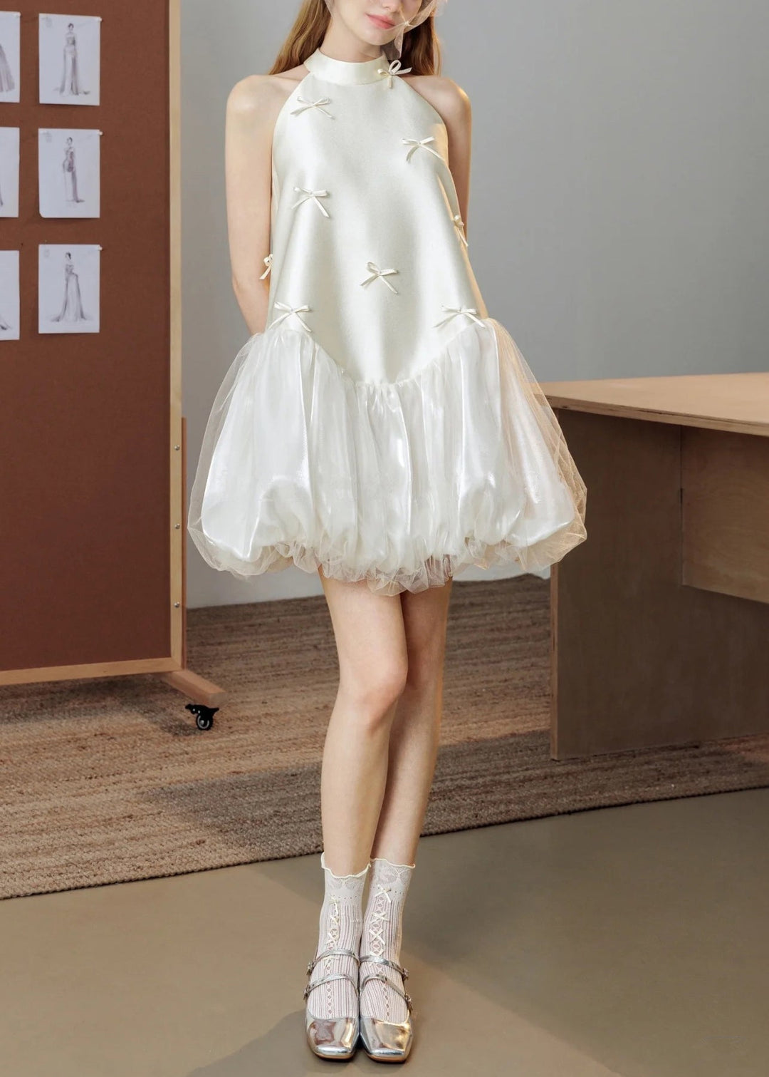 Art White Bow Tulle Patchwork Silk Party Dress Sleeveless