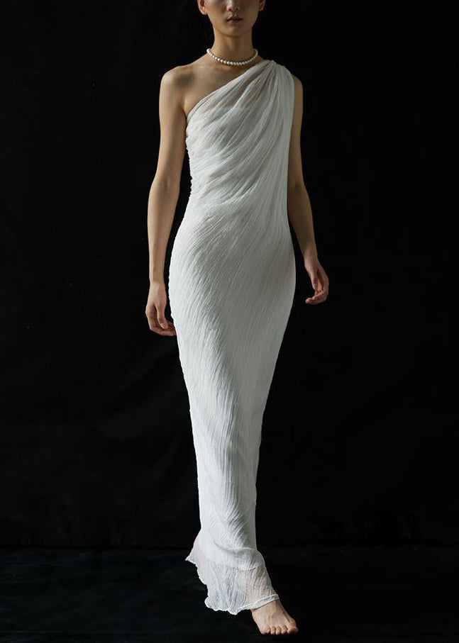 Art White Cold Shoulder Wrinkled Solid Silk Maxi Dress Summer