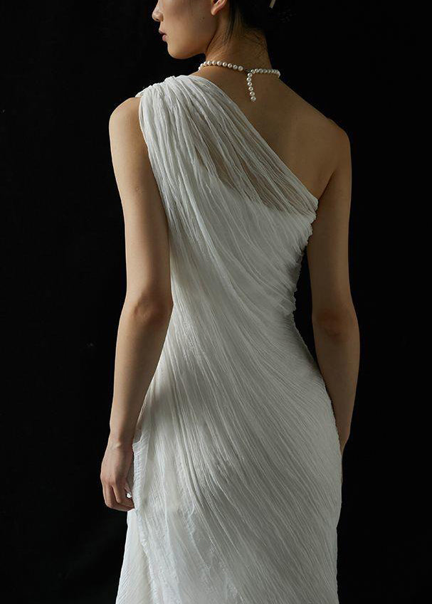 Art White Cold Shoulder Wrinkled Solid Silk Maxi Dress Summer