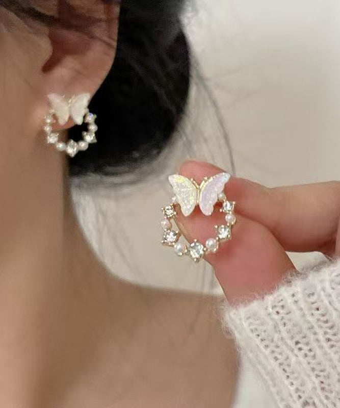 Art White Copper Overgild Pearl Butterfly Hoop Earrings