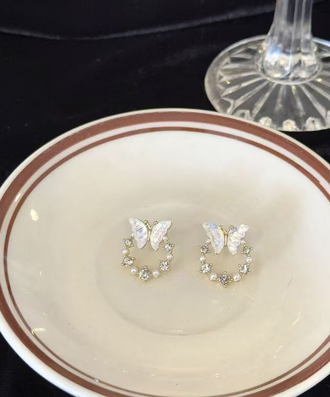 Art White Copper Overgild Pearl Butterfly Hoop Earrings