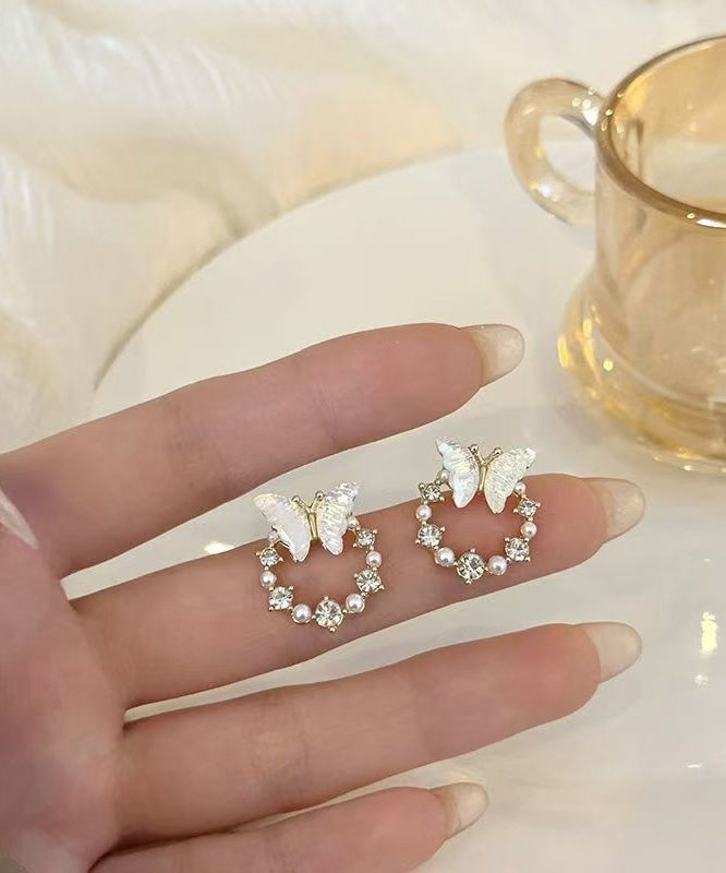 Art White Copper Overgild Pearl Butterfly Hoop Earrings