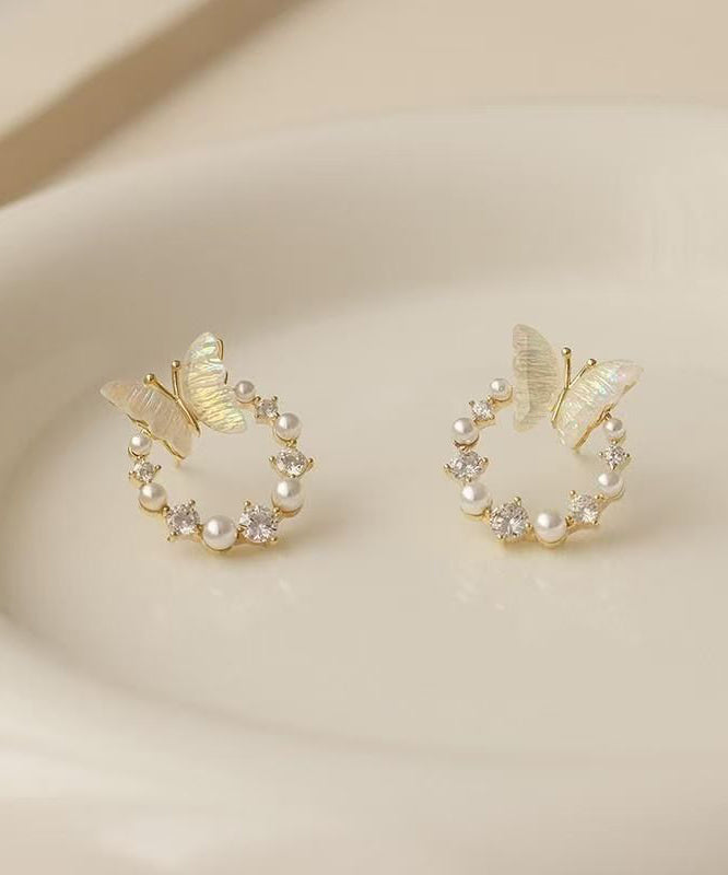Art White Copper Overgild Pearl Butterfly Hoop Earrings