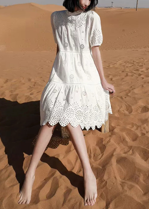 Art White Embroidered Hollow Out Cotton Dresses Summer